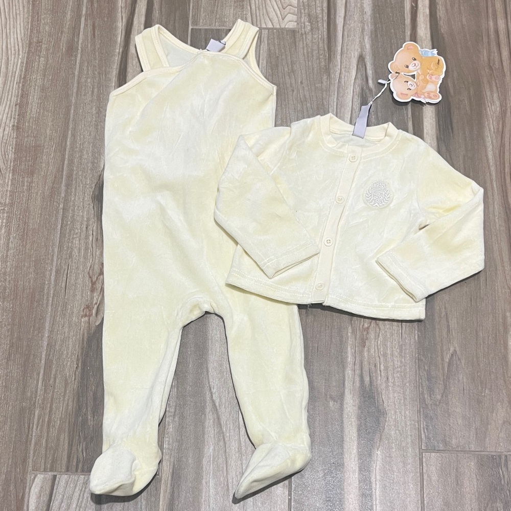 Yellow velour Baby One-Piece Footed Romper with Matching Cardigan